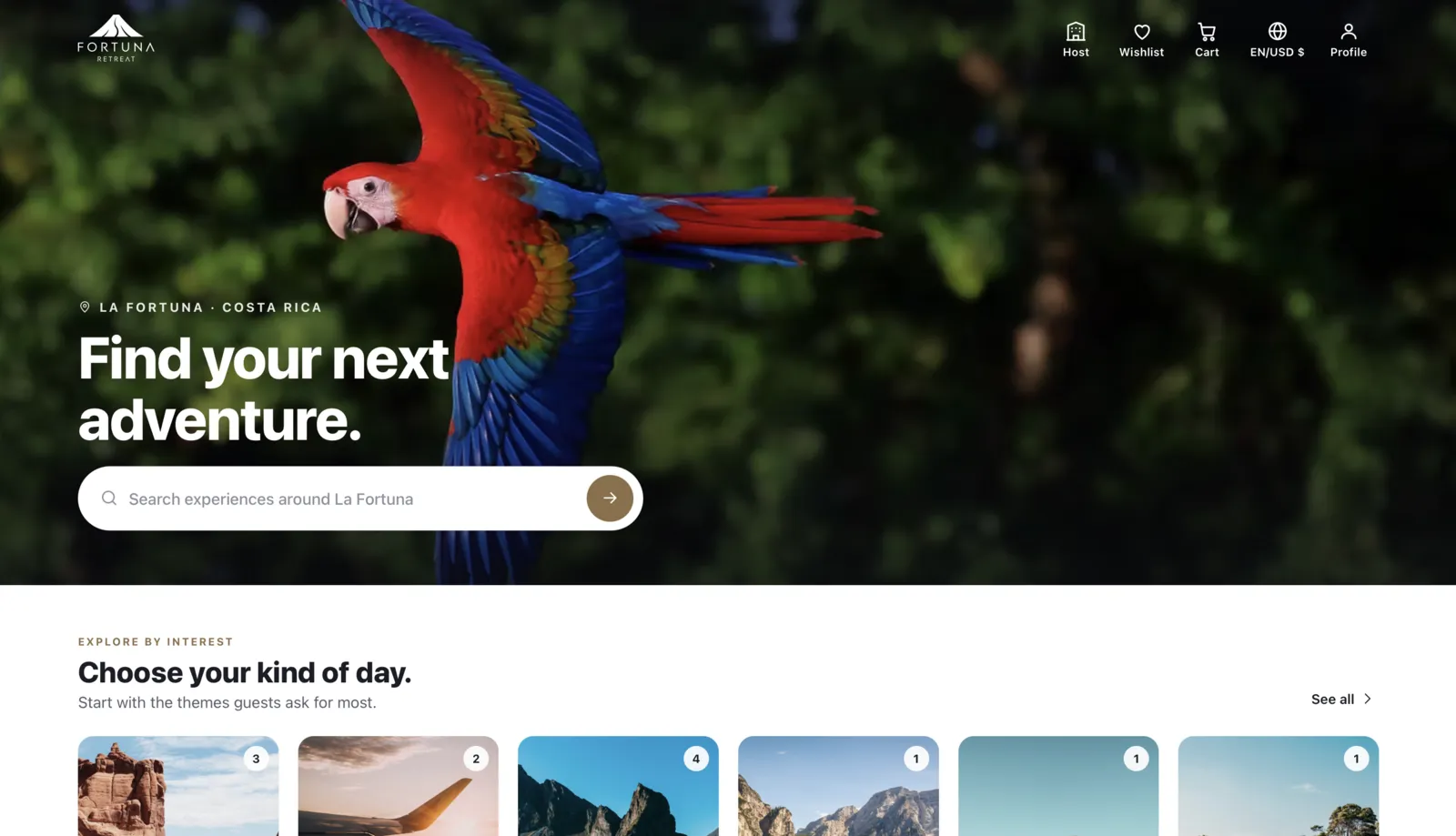 What a guest sees: the host's own white-labeled activities page, searchable by experience. Captures from the product in active build. Names and figures are demo data.