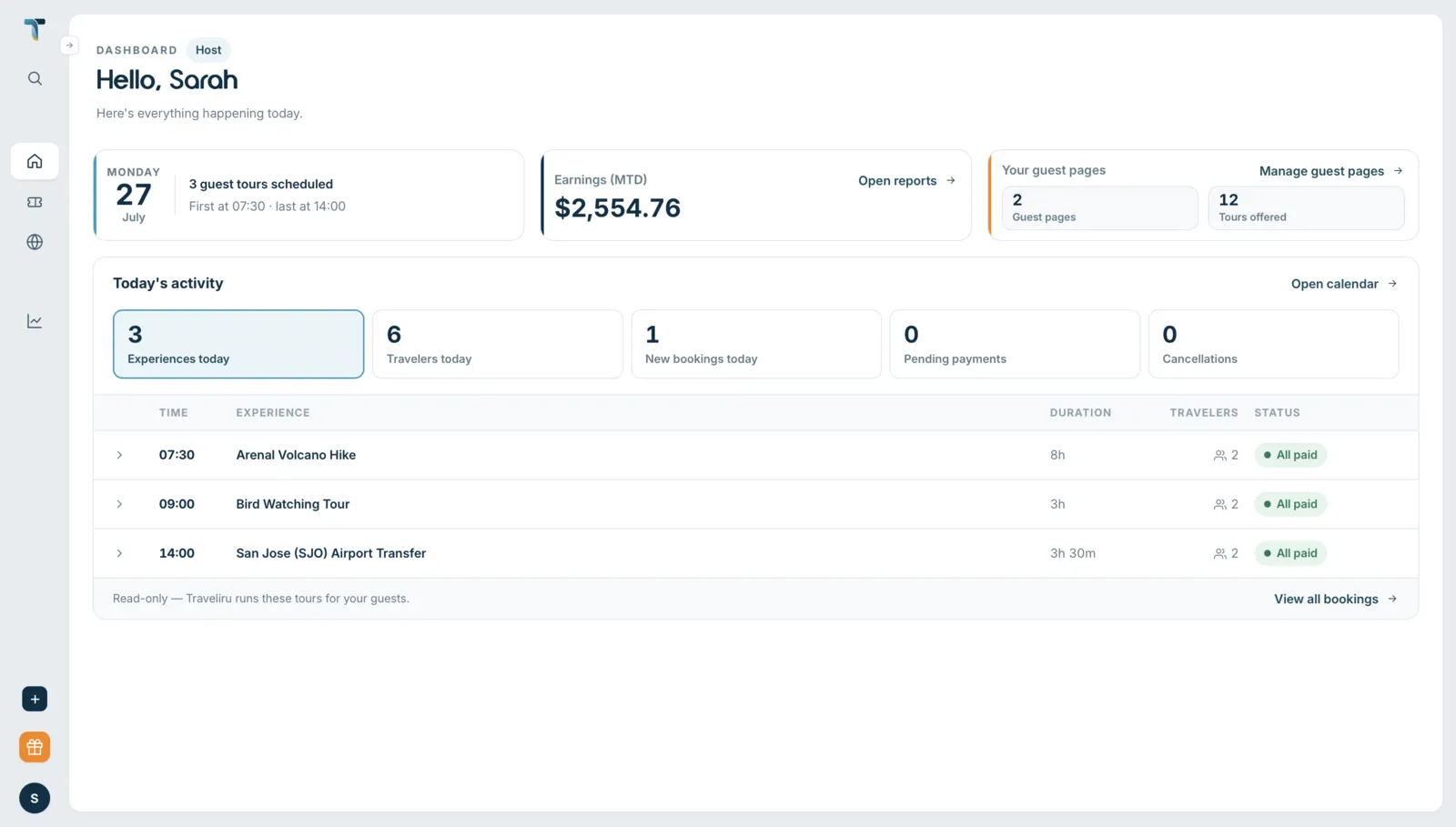 What the host runs: tours, travellers, payment status and earnings on one screen. Captures from the product in active build. Names and figures are demo data.