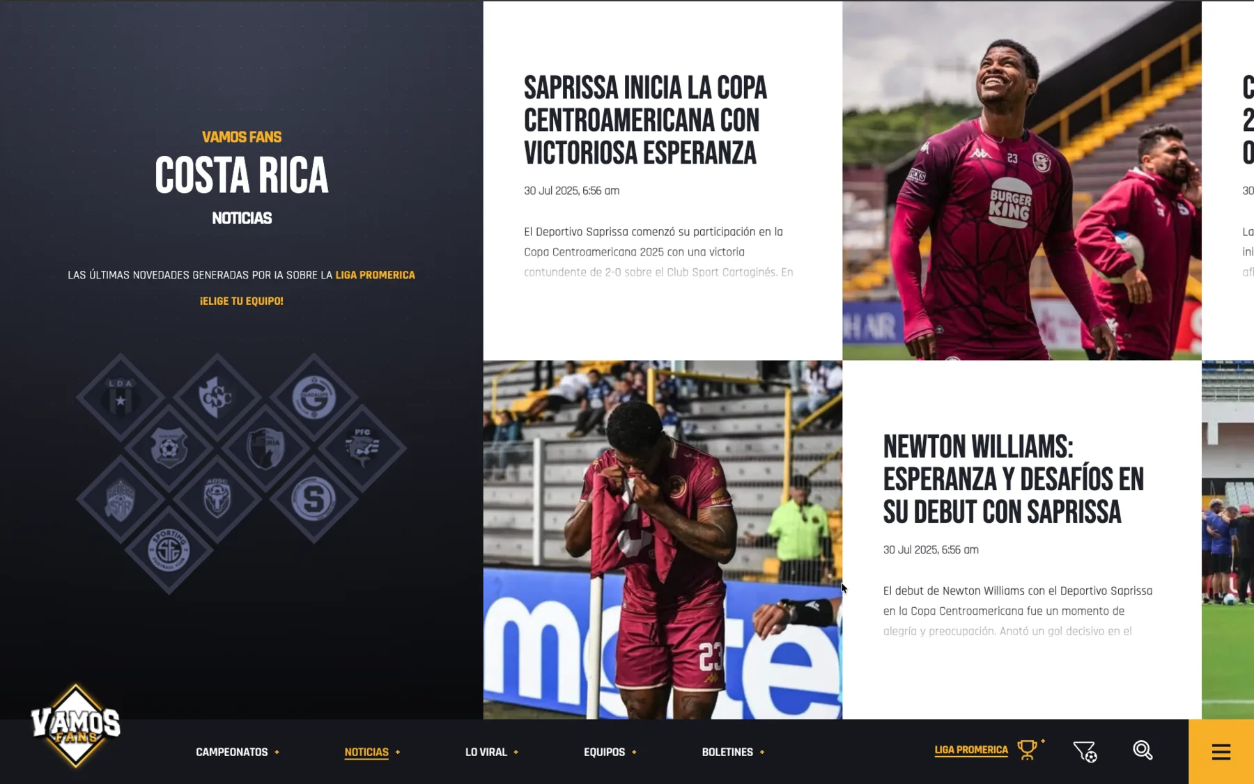 Liga Promérica news feed: real photography and AI, combined