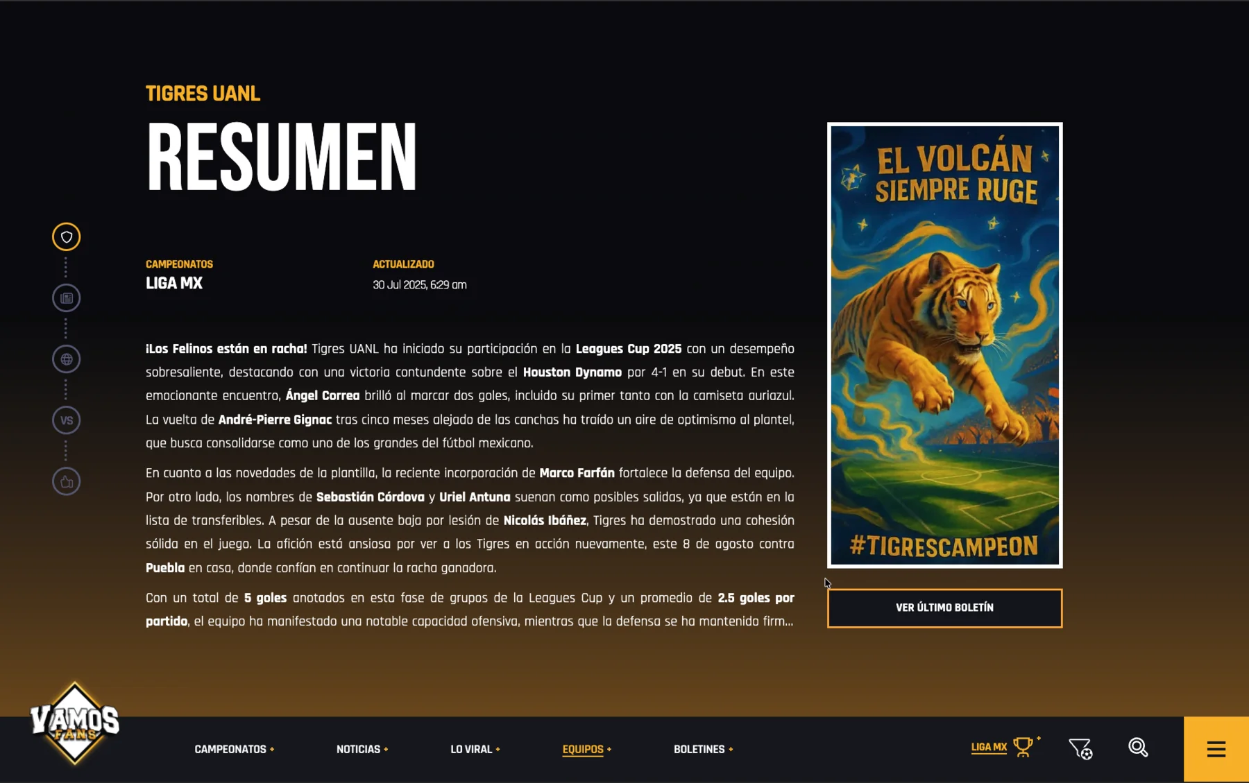 Tigres UANL club page: AI summary and bulletin